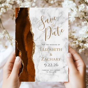 Burnt Orange Gold Agate Marble Save the Date Card