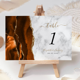 Burnt Orange Gold Agate Marble Wedding Table Number