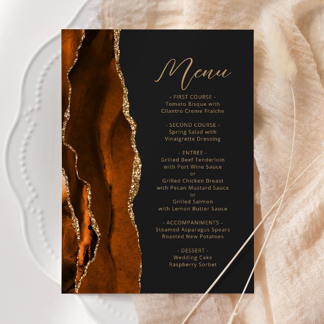 Burnt Orange Gold Agate Modern Script Dark Wedding Menu (Creator Uploaded)