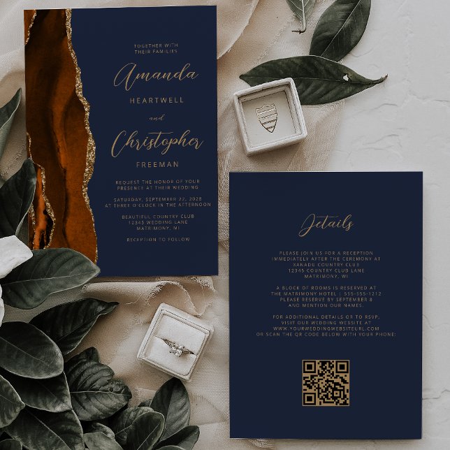 Burnt Orange Gold Agate Navy Blue QR Code Wedding Invitation (Creator Uploaded)