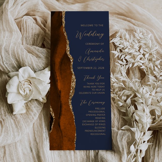 Burnt Orange Gold Agate Navy Blue Wedding Program (Creator Uploaded)