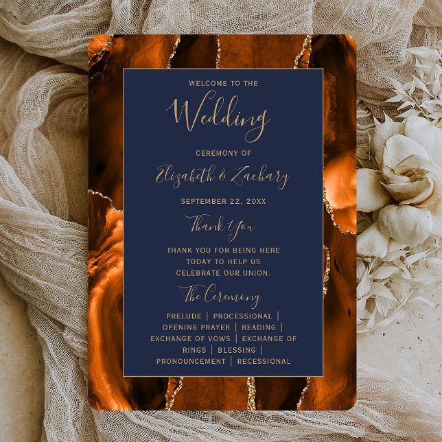 Burnt Orange Gold Agate Navy Blue Wedding Program Card (Creator Uploaded)