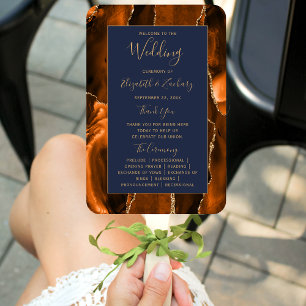 Burnt Orange Gold Agate Navy Blue Wedding Program Hand Fan