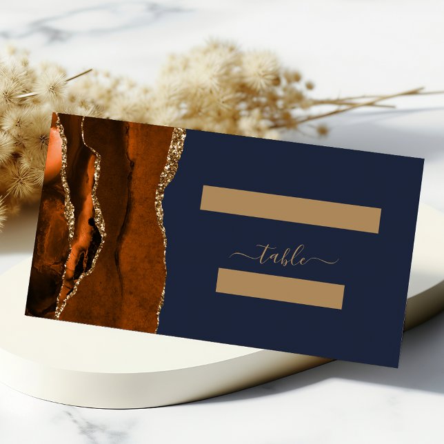 Burnt Orange Gold Agate Navy Blue Wedding Table Place Card (Creator Uploaded)