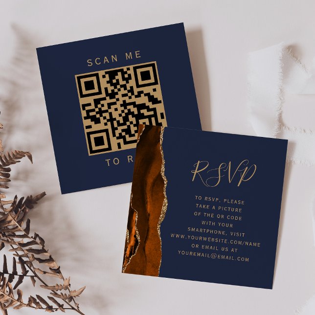 Burnt Orange Gold Agate Navy Wedding QR Code RSVP Enclosure Card (Creator Uploaded)