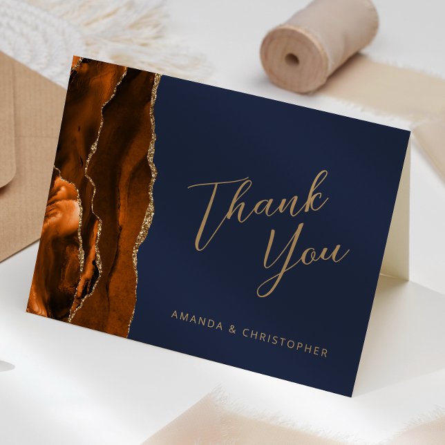 Burnt Orange Gold Agate Navy Wedding Thank You Card (Creator Uploaded)