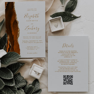 Burnt Orange Gold Agate Pale Gray QR Code Wedding Invitation
