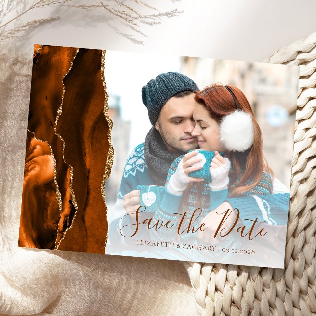 Burnt Orange Gold Agate Photo Save the Date Postcard (Creator Uploaded)