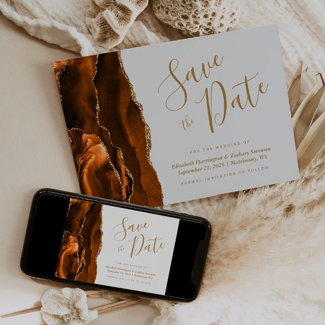 Burnt Orange Gold Agate Plale Grey Save the Date Invitation (Creator Uploaded)