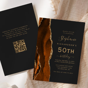 Burnt Orange Gold Agate QR Code 50th Birthday Invitation