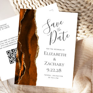 Burnt Orange Gold Agate QR Code Save the Date Announcement Postcard