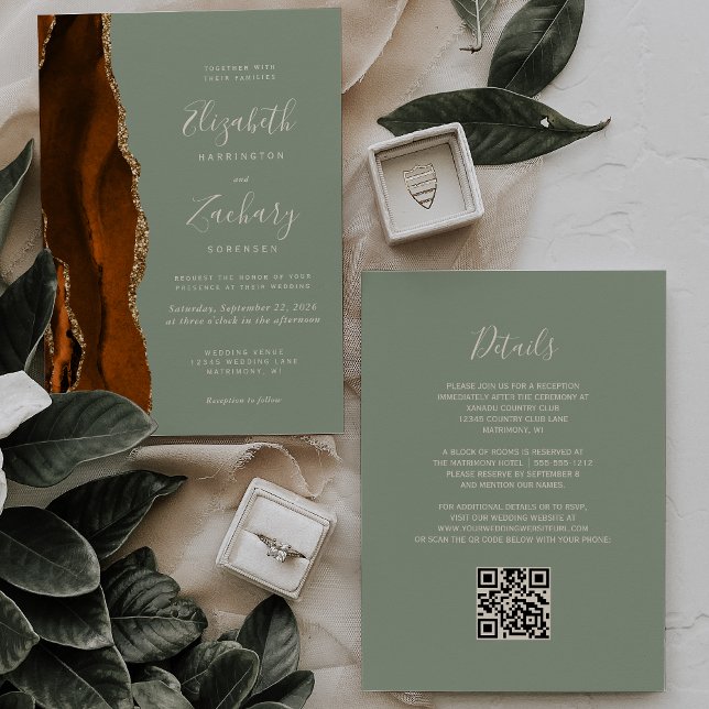 Burnt Orange Gold Agate Sage Green QR Code Wedding Invitation (Creator Uploaded)