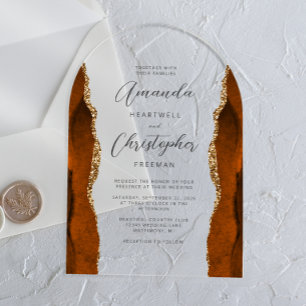 Burnt Orange Gold Agate Script Arch Wedding Acrylic Invitations