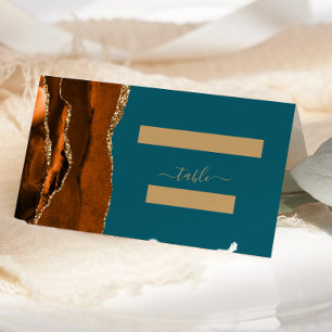 Burnt Orange Gold Agate Teal Wedding Place Card