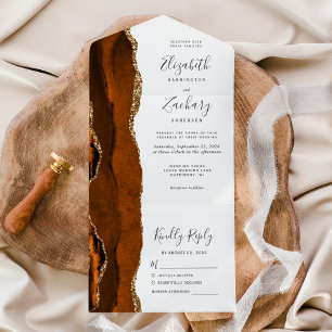 Burnt Orange Gold Agate Wedding All In One Invitation