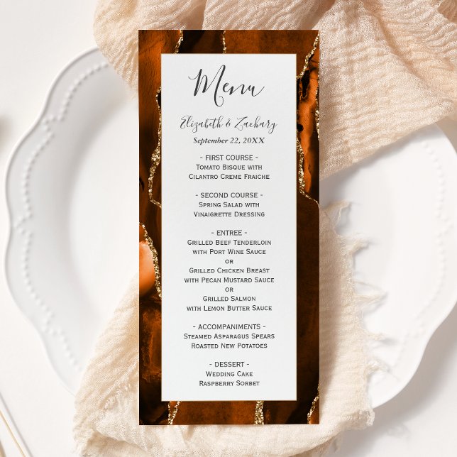 Burnt Orange Gold Agate Wedding Menu (Creator Uploaded)