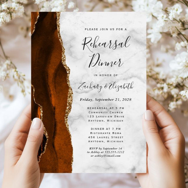 Burnt Orange Gold Agate Wedding Rehearsal Dinner Invitation (Creator Uploaded)