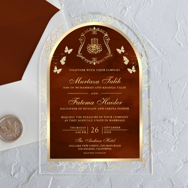 Burnt Orange Gold Butterfly Arch Muslim Wedding Acrylic Invitations (Creator Uploaded)