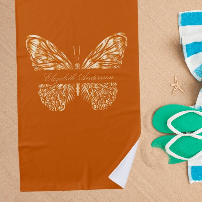 Burnt orange gold butterfly name script beach towel (Creator Uploaded)