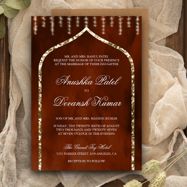 Burnt Orange Gold Ethnic Indian Arch Wedding Invitation (Creator Uploaded)