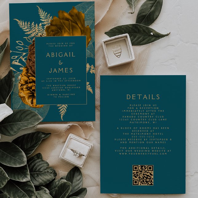 Burnt Orange Gold Floral Teal Blue QR Code Wedding Invitation (Creator Uploaded)
