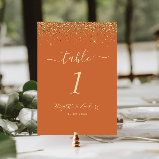 Burnt Orange Gold Glitter Edge Wedding Table Number (Creator Uploaded)