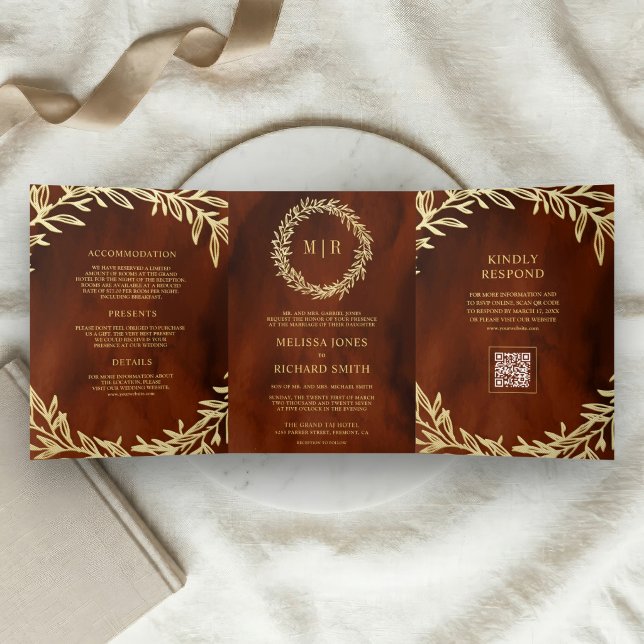 Burnt Orange Gold Leaf Branch QR Code Wedding Tri-Fold Invitation (Creator Uploaded)
