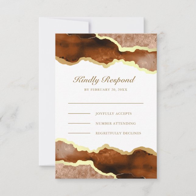 Burnt Orange Gold Terracotta Agate Marble Wedding RSVP Card (Front)