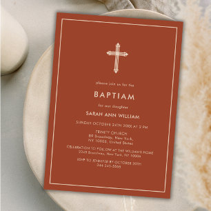 Burnt Orange Gold Typography Cross Frame Baptism Invitation