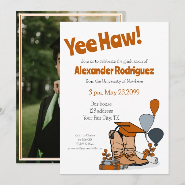 Burnt Orange Grad Cap Cowboy Boot Arrangement Invitation (Front/Back)