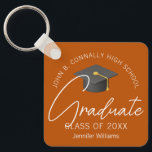 Burnt Orange Graduate Custom 2025 Graduation Key Ring<br><div class="desc">This modern burnt orange custom senior graduate keychain features your high school or college name for the class of 2025. Customise with your graduating year under the chic handwritten script and grey grad cap for a great personalised graduation key chain gift.</div>