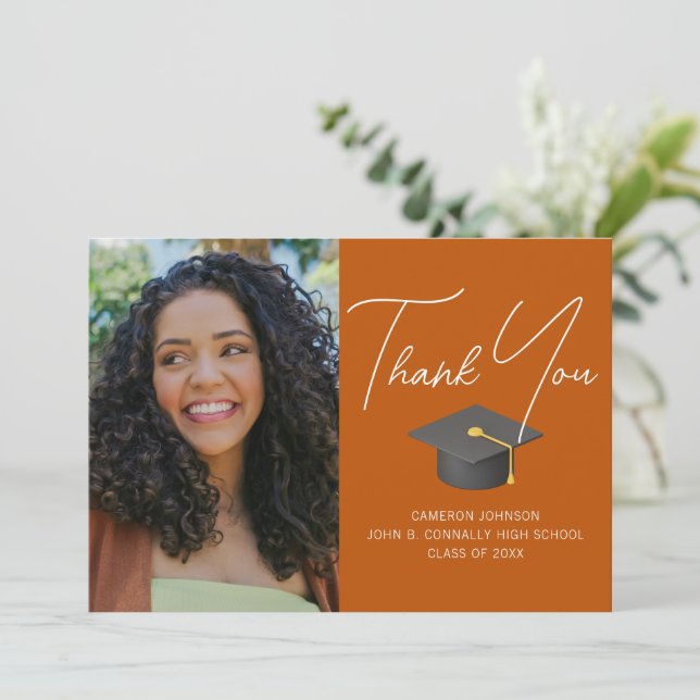 Burnt Orange Graduate Photo Custom Graduation Thank You Card (Standing Front)