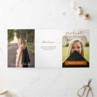 Burnt Orange Graduate Script Modern Three Photo Tri-Fold Invitation