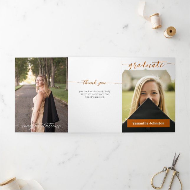Burnt Orange Graduate Script Modern Three Photo Tri-Fold Invitation (Outside)