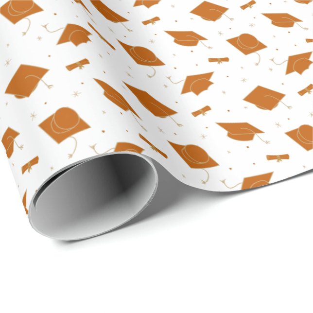 Burnt Orange Graduation Cap Toss Wrapping Paper (Roll Corner)