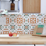 Burnt Orange Green White Aztec Geometric Tribal Tile<br><div class="desc">Beautiful high quality original modern tribal boho folk pattern ceramic tile, designed in burnt orange and teal green colour on a white background with geometric aztec icat pattern. Perfect for a fresh style modern interior design, for a stylish kitchen backsplash, bathroom or wall decoration with a hint of folk feel....</div>