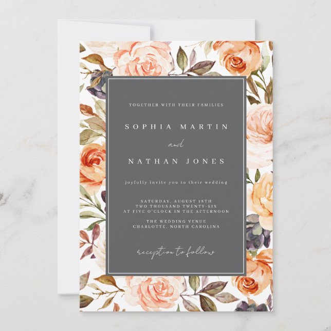 Burnt Orange Grey Fall Floral Wedding Invitation (Front)