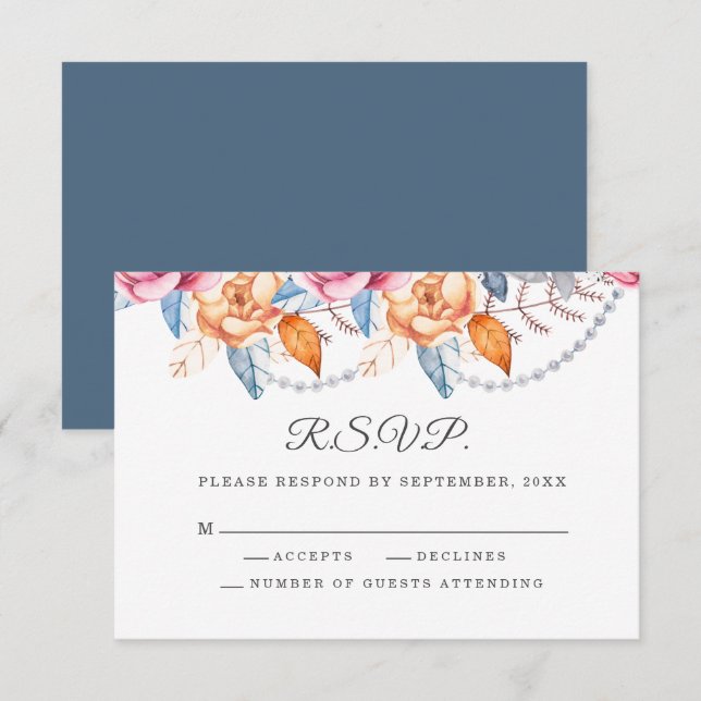 Burnt Orange Grey Watercolor Floral Wedding RSVP  (Front/Back)