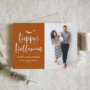 Burnt Orange Happy Halloween Brush Lettering Photo Holiday Card