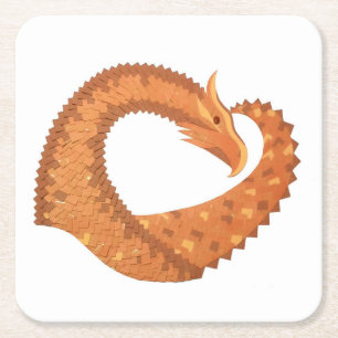 Burnt orange heart dragon on white square paper coaster