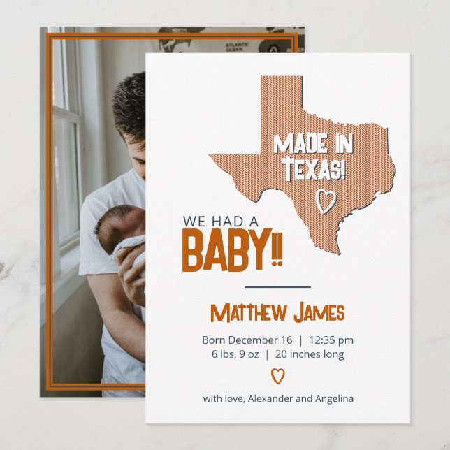 Burnt Orange Herringbone Made in Texas Photo Baby Announcement (Front/Back)
