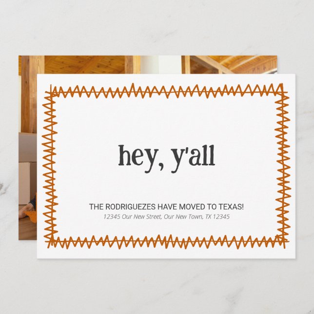 Burnt Orange Hey Y'all - Moved to Texas Announcement (Front/Back)