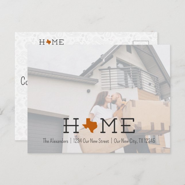 Burnt Orange HOME Texas Moving Announcement Postcard (Front/Back)