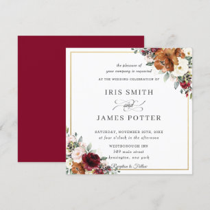 Burnt Orange Ivory Burgundy Floral Wedding Square Invitation