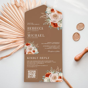 Burnt Orange Ivory Floral QR Code Beige Wedding All In One Invitation