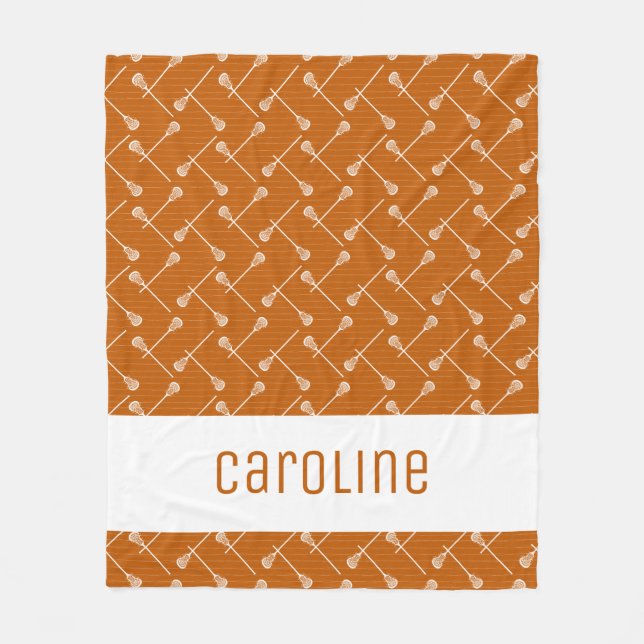 Burnt Orange Lacrosse White Sticks Patterned Fleece Blanket (Front)
