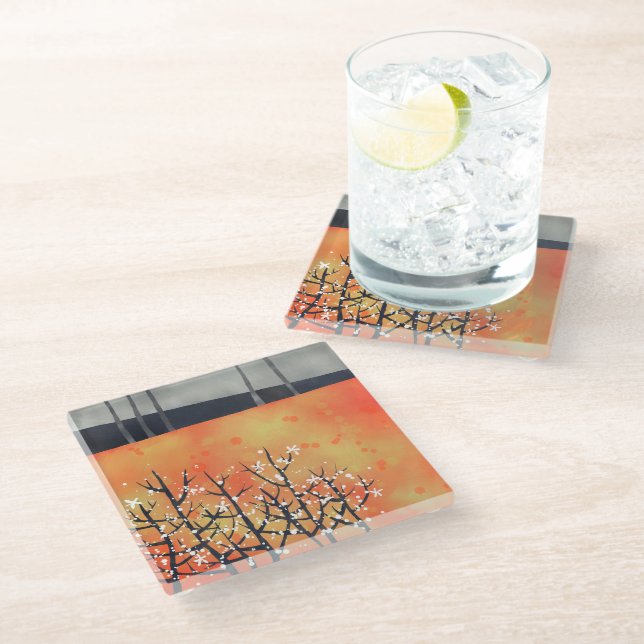 Burnt Orange Landscape Art Glass Coaster (Angled)