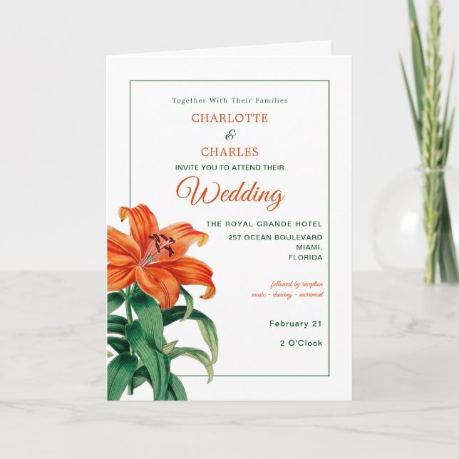 Burnt Orange Lilies Stylish Floral Wedding Invitation (Front)