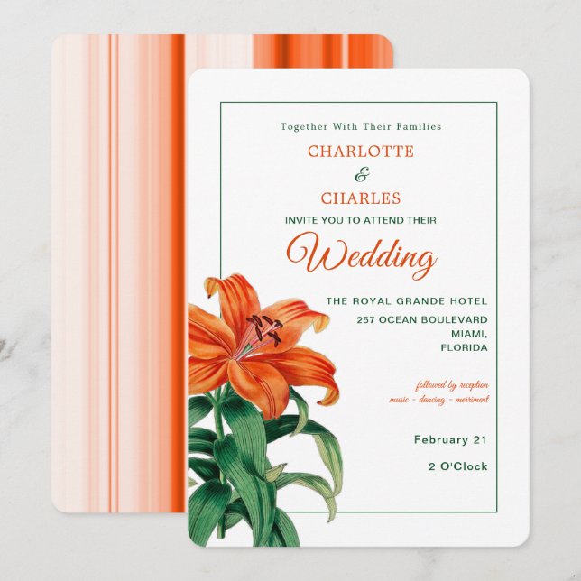 Burnt Orange Lily Stylish Floral Wedding Invitation (Front/Back)