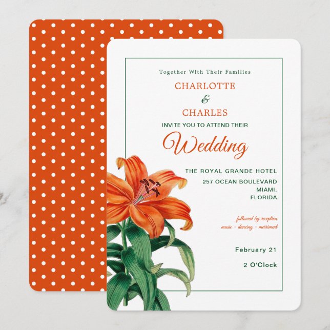 Burnt Orange Lily Stylish Floral Wedding Invitation (Front/Back)